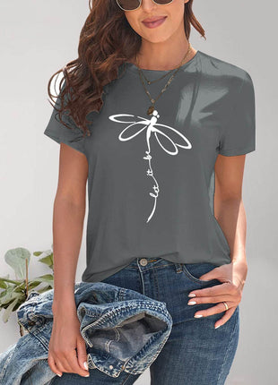 Dragonfly Graphic Round Neck Short Sleeve T-Shirt - MimiStylez