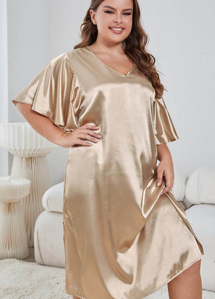 Plus Size Flutter Sleeve V-Neck Side Slit Night Gown - MimiStylez