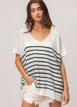 BiBi V Neck Striped Short Sleeve Top - MimiStylez