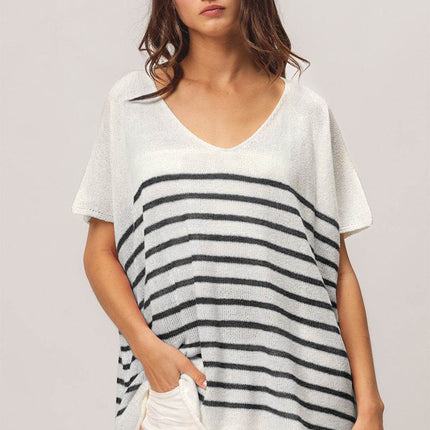 BiBi V Neck Striped Short Sleeve Top - MimiStylez