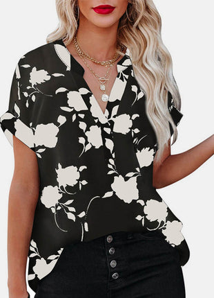 Full Size Printed Notched Short Sleeve Blouse - MimiStylez