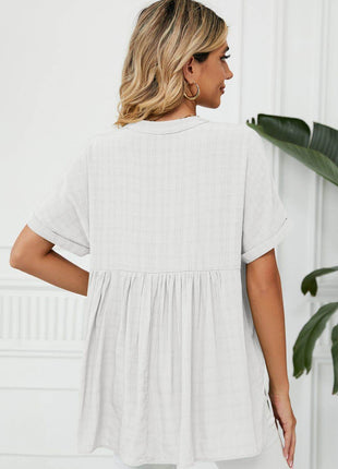 Side Slit Notched Neck Cuffed Short Sleeve Blouse - MimiStylez