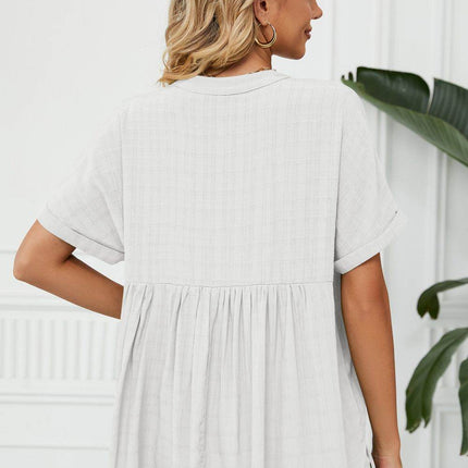Side Slit Notched Neck Cuffed Short Sleeve Blouse - MimiStylez
