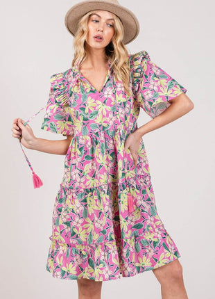 SAGE + FIG Floral Ruffle Short Sleeve Dress - MimiStylez