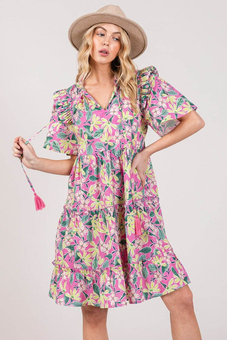 SAGE + FIG Floral Ruffle Short Sleeve Dress - MimiStylez