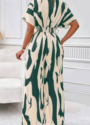 Printed V-Neck Short Sleeve Wide Leg Jumpsuit - MimiStylez