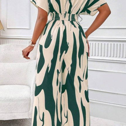 Printed V-Neck Short Sleeve Wide Leg Jumpsuit - MimiStylez