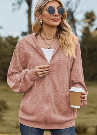 Drawstring Zip Up Dropped Shoulder Hoodie - MimiStylez