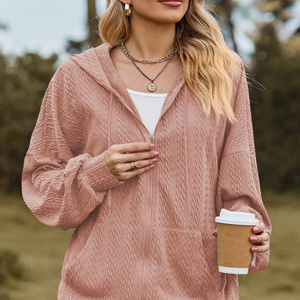 Drawstring Zip Up Dropped Shoulder Hoodie - MimiStylez