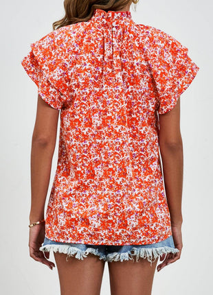 Ditsy Floral Mock Neck Flounce Sleeve Blouse - MimiStylez