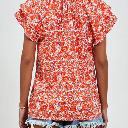 Ditsy Floral Mock Neck Flounce Sleeve Blouse - MimiStylez