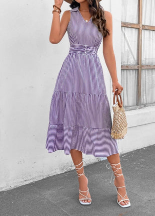 Striped Johnny Collar Sleeveless Midi Dress - MimiStylez