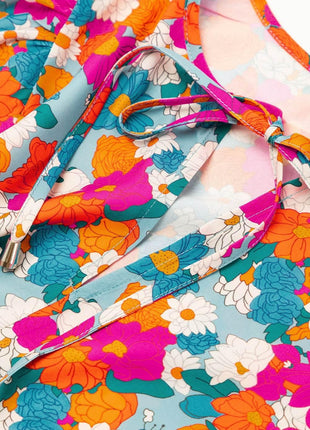 Floral Tie Neck Puff Sleeve Mini Dress - MimiStylez