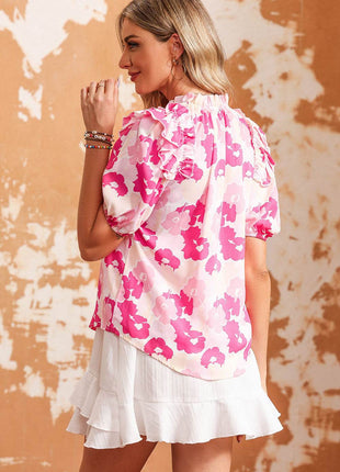Floral Tie Neck Ruffle Shoulder Blouse - MimiStylez