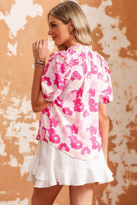 Floral Tie Neck Ruffle Shoulder Blouse - MimiStylez