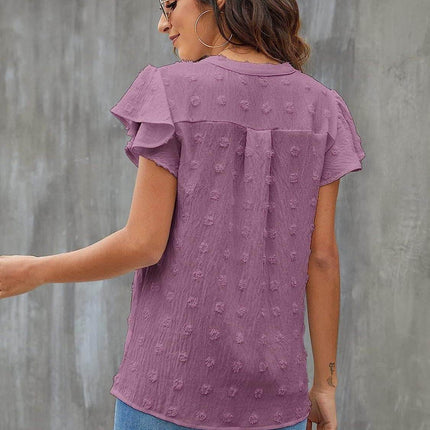 Swiss Dot Notched Cap Sleeve Blouse - MimiStylez