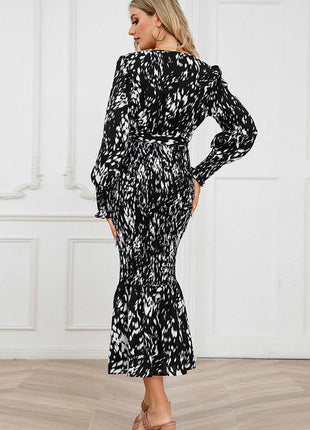 Printed V-Neck Smocked Midi Dress - MimiStylez