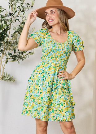 Smocked Scoop Neck Flounce Sleeve Mini Dress - MimiStylez