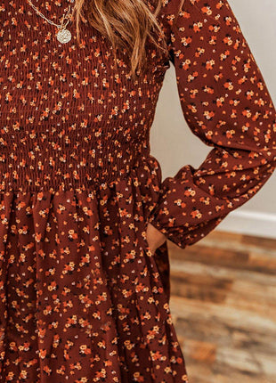 Ditsy Floral Smocked Balloon Sleeve Mini Dress - MimiStylez