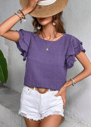 Round Neck Flounce Sleeve Blouse - MimiStylez