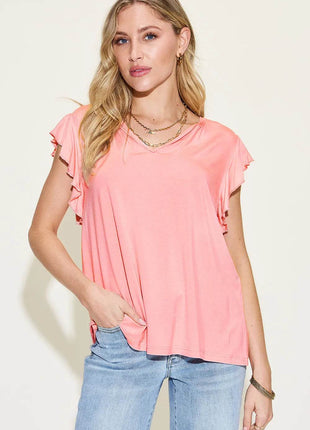 Basic Bae Full Size Bamboo Notched Ruffled Short Sleeve T-Shirt - MimiStylez