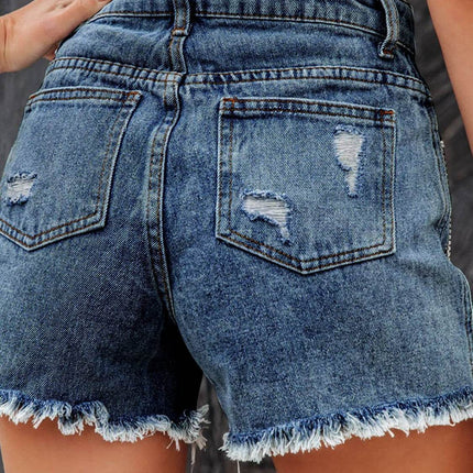 Distressed Fringe Denim Shorts with Pockets - MimiStylez