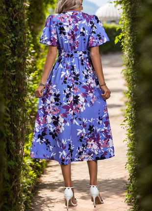 High-Low Printed Surplice Short Sleeve Midi Dress - MimiStylez