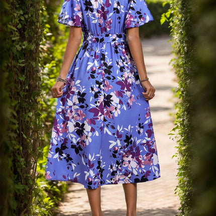 High-Low Printed Surplice Short Sleeve Midi Dress - MimiStylez
