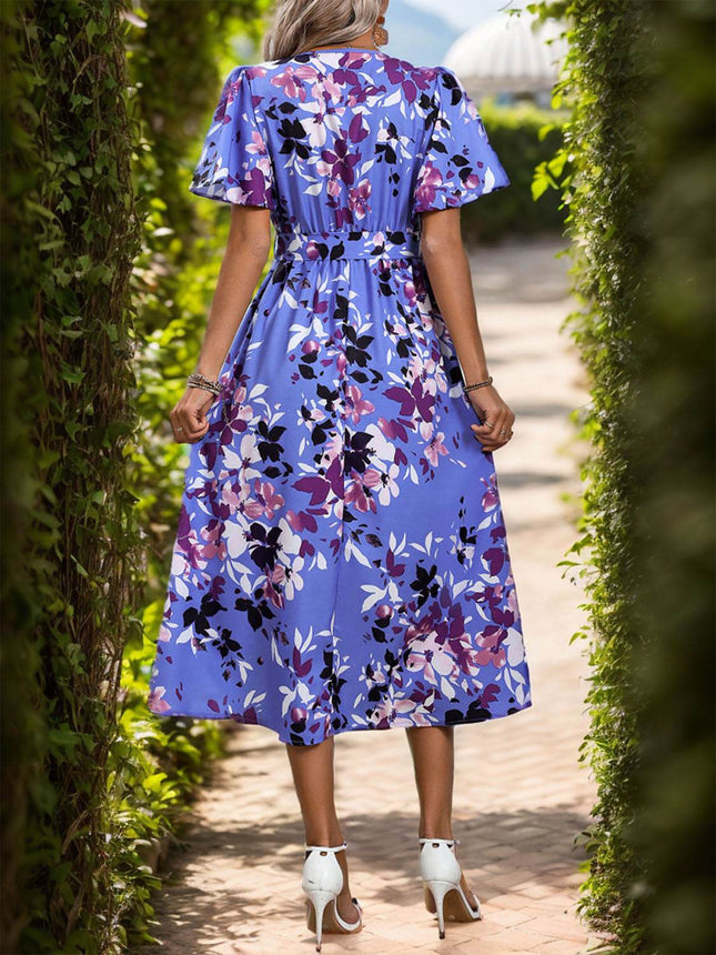 High-Low Printed Surplice Short Sleeve Midi Dress - MimiStylez