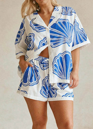 Printed Button Up Shirt and Shorts Set - MimiStylez