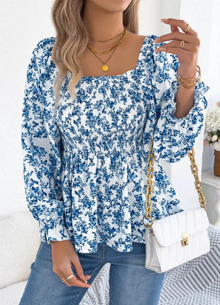 Floral Square Neck Flounce Sleeve Blouse - MimiStylez