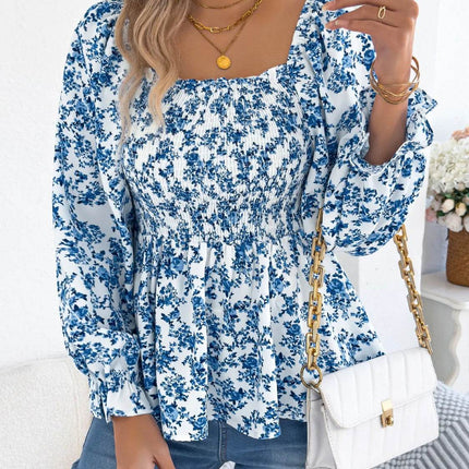 Floral Square Neck Flounce Sleeve Blouse - MimiStylez