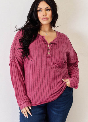 Basic Bae Full Size Ribbed Half Button Long Sleeve High-Low T-Shirt - MimiStylez