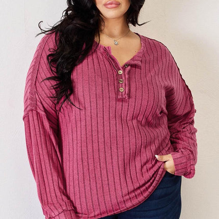 Basic Bae Full Size Ribbed Half Button Long Sleeve High-Low T-Shirt - MimiStylez