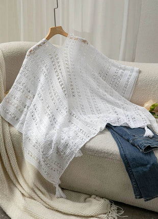 Openwork Tassel Open Front Knit Cover Up - MimiStylez
