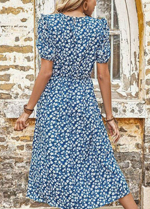 Floral Round Neck Split Midi Dress - MimiStylez