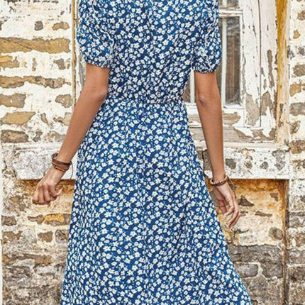 Floral Round Neck Split Midi Dress - MimiStylez