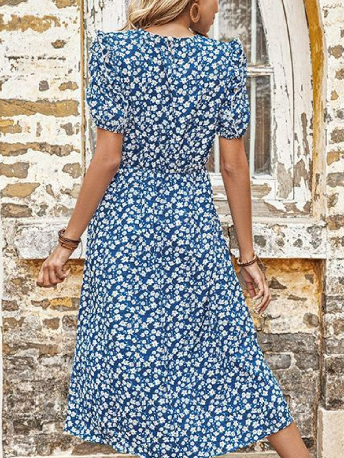 Floral Round Neck Split Midi Dress