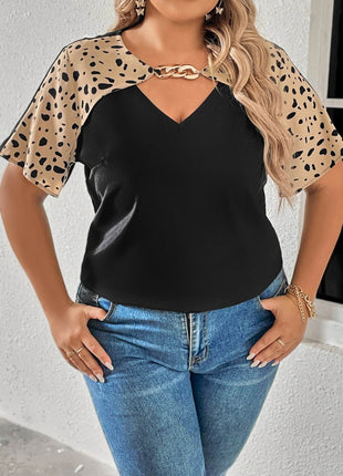 Plus Size Chain Detail V-Neck Raglan Sleeve Blouse - MimiStylez