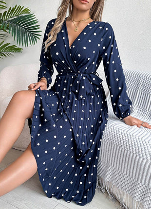 Tied Polka Dot Long Sleeve Midi Dress - MimiStylez