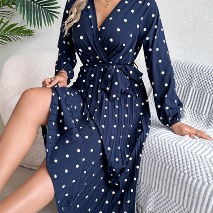 Tied Polka Dot Long Sleeve Midi Dress - MimiStylez