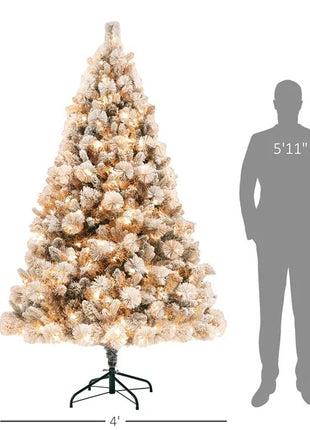 6.5 Ft Pre-Lit Flocked Christmas Tree With 350 Clear Lights And 1107 Tips, With Metal Stand, Hinged Xmas Tree