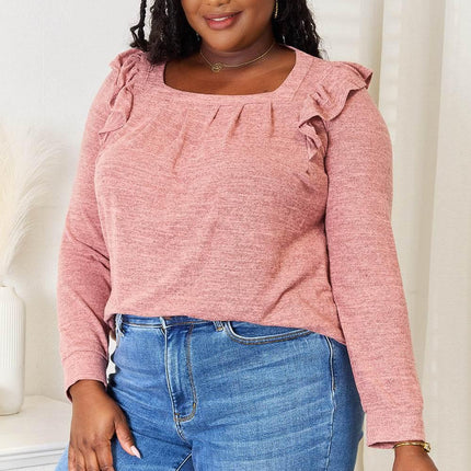 Double Take Square Neck Ruffle Shoulder Long Sleeve T-Shirt - MimiStylez