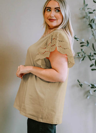 Plus Size Eyelet Round Neck Short Sleeve Blouse - MimiStylez