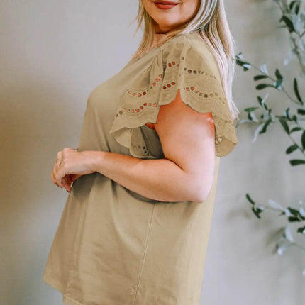 Plus Size Eyelet Round Neck Short Sleeve Blouse - MimiStylez