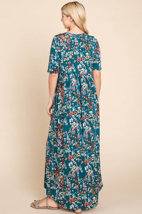 BOMBOM Printed Shirred Maxi Dress - MimiStylez
