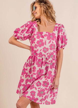 BiBi Printed Square Neck Puff Sleeve Mini Dress - MimiStylez