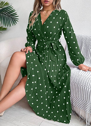 Tied Polka Dot Long Sleeve Midi Dress - MimiStylez