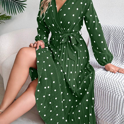 Tied Polka Dot Long Sleeve Midi Dress - MimiStylez