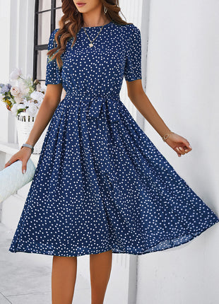 Printed Round Neck Short Sleeve Dress